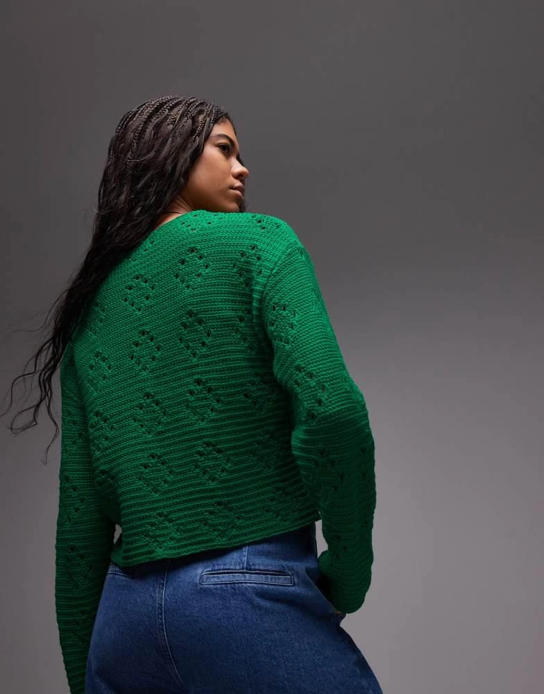 Topshop Topshop knitted pointelle tie cardi in green 4