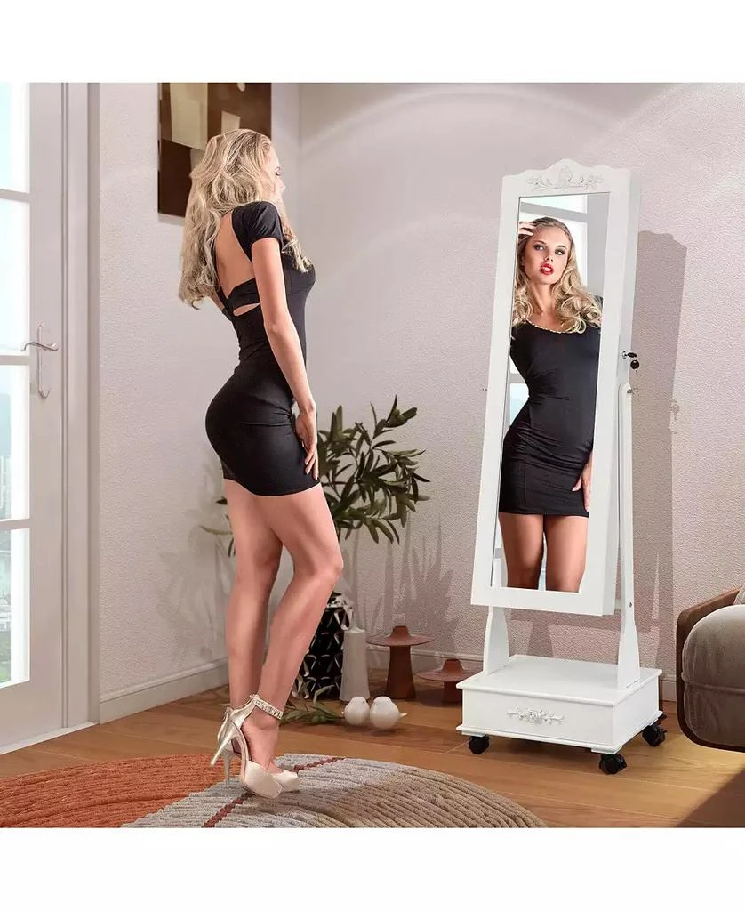GOUUN Rolling Floor Standing Mirrored Jewelry Armoire with Lock and Drawers 6