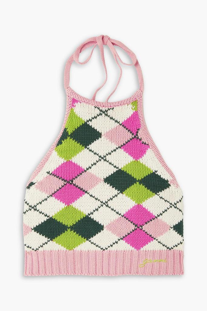 GANNI Cropped argyle cotton halterneck top