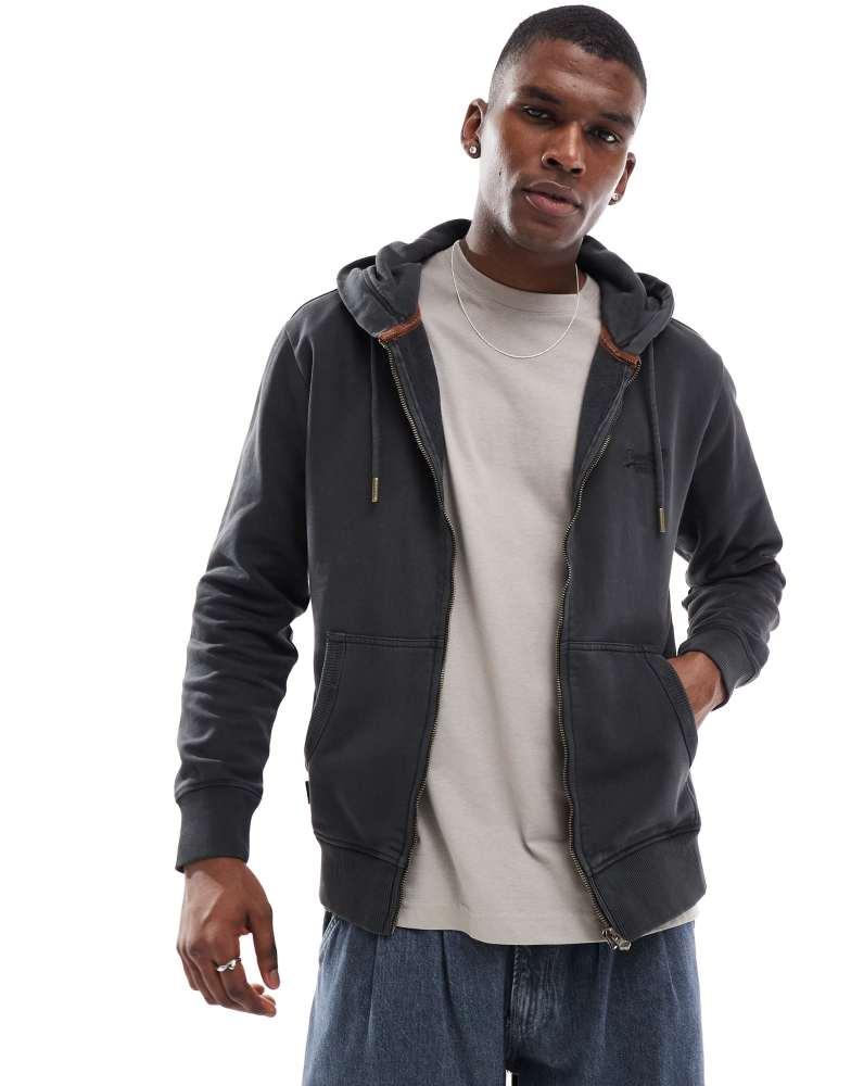 Superdry Superdry Essential logo washed zip hoodie in washed black