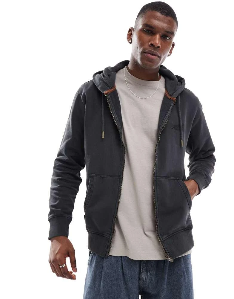 Superdry Superdry Essential logo washed zip hoodie in washed black 1