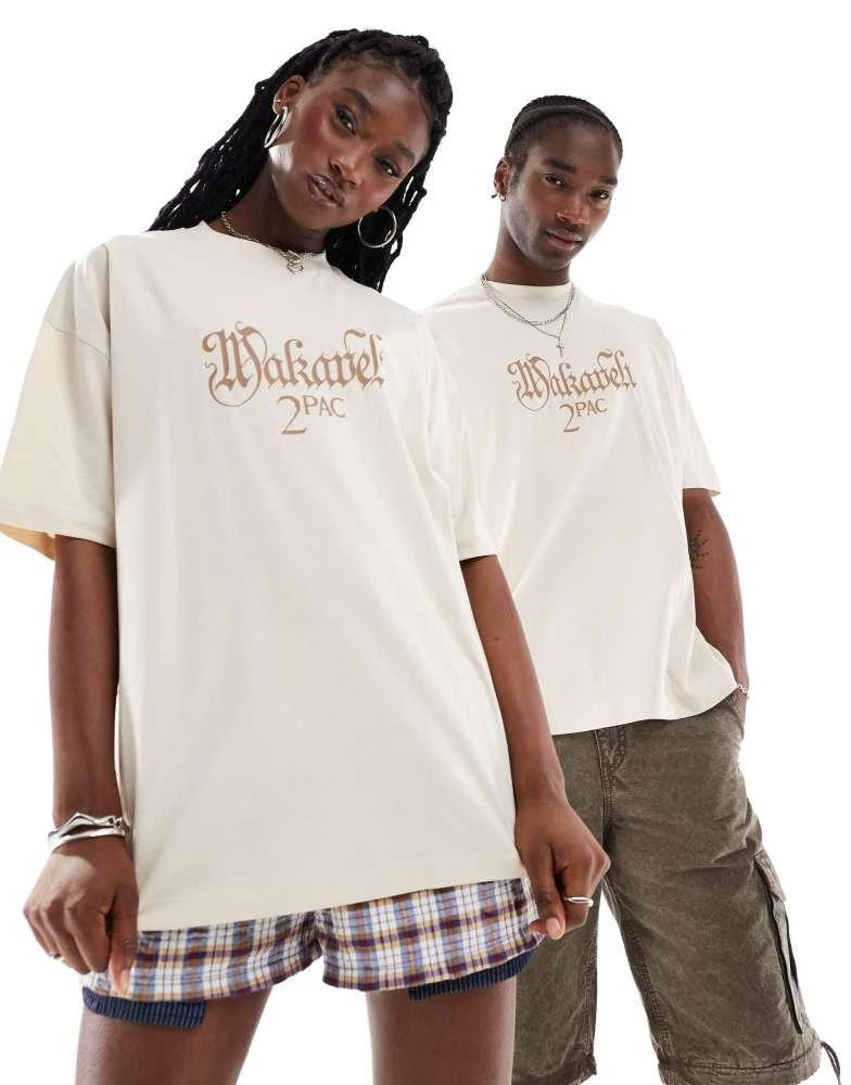 ASOS ASOS DESIGN unisex oversized license t-shirt with Tupac prints in beige 1