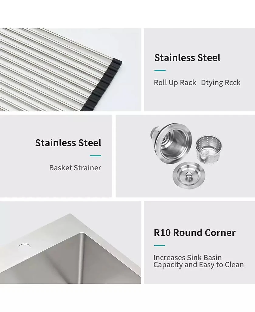 Flynama 25x22x10inch Stainless Steel Kitchen Sink Drop In Single Bowl 16 Gauge Deep Basin 5