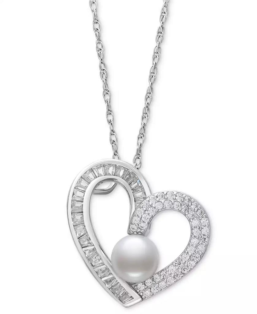 Belle de Mer Cultured Freshwater Button Pearl (6mm) & Cubic Zirconia Heart 18" Pendant Necklace in Sterling Silver