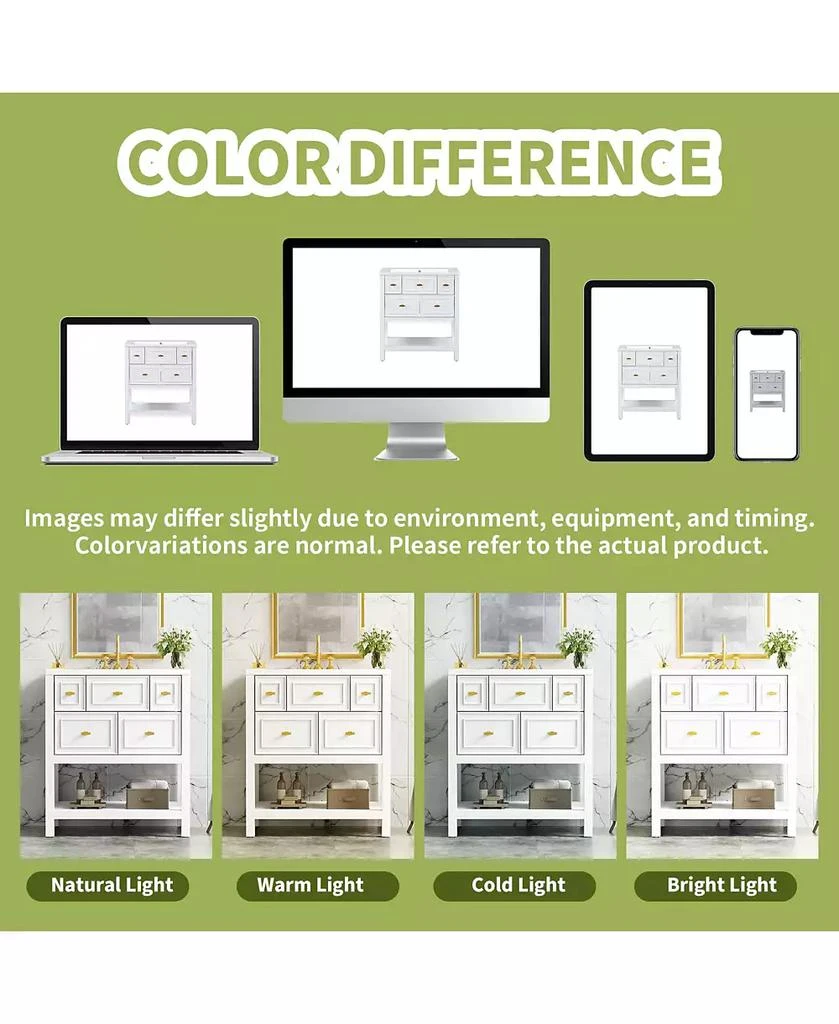 CASAINC 30-Inch Bathroom Vanity with Ceramic Sink Combo, Freestanding Single Vanity, 5 Drawers 
Solid Wood Storage 8