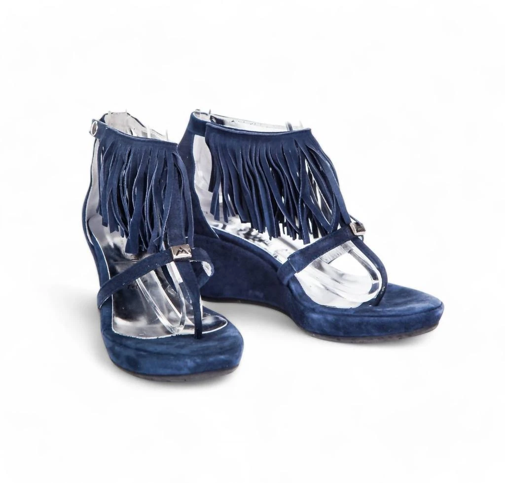 Andrea Morelli Suede Leather Fringe Wedge Sandals In Blue 2