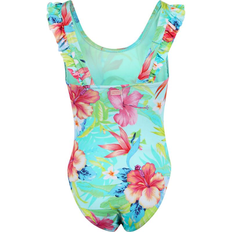 BANANA MOON Tropical flowers ruffled one piece swimsuit in turquoise