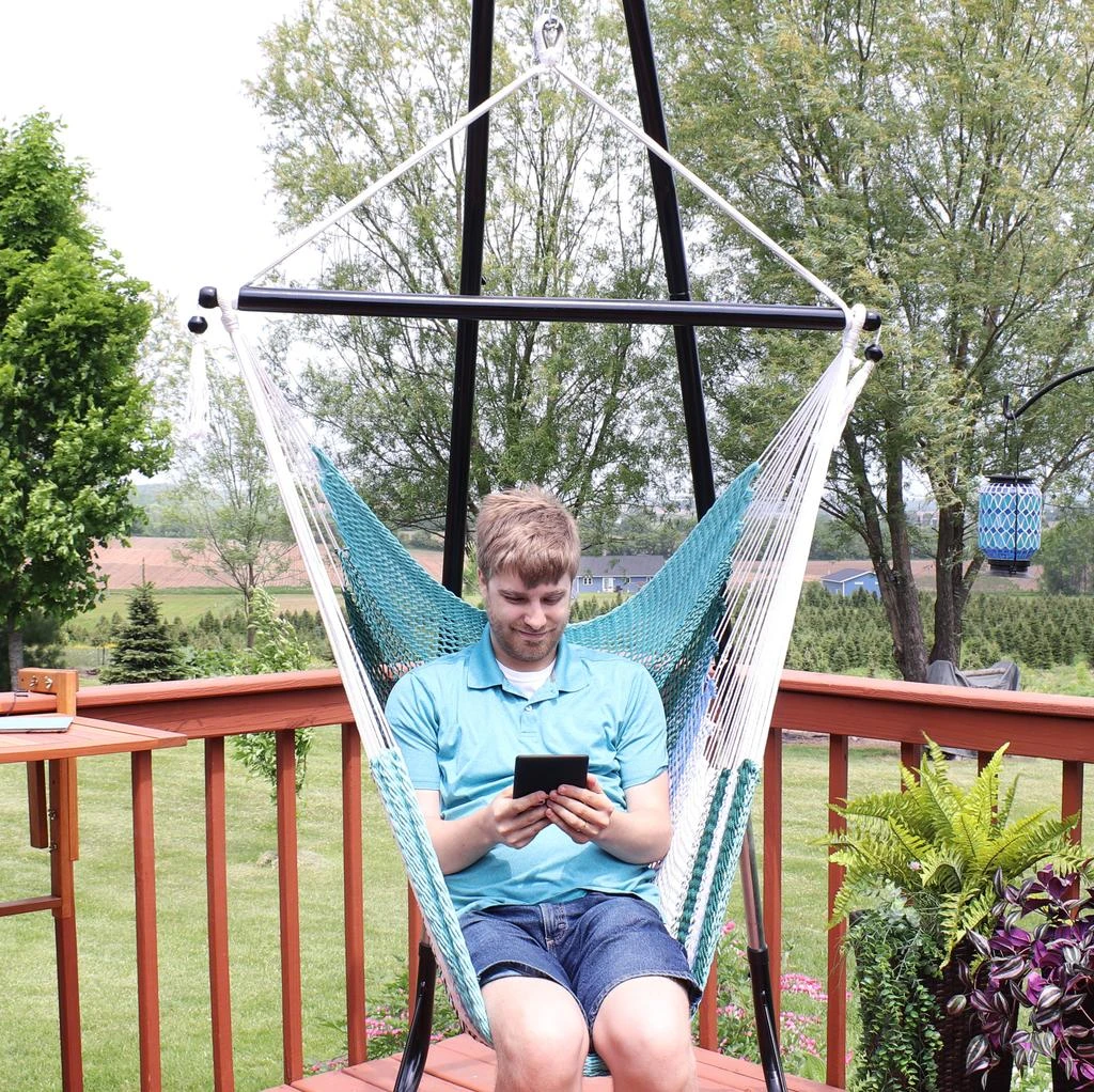 Sunnydaze Polyester Rope Hanging Caribbean-Style Hammock Chair Swing for Patio, Porch, or Yard - Lagoon Stripes 5