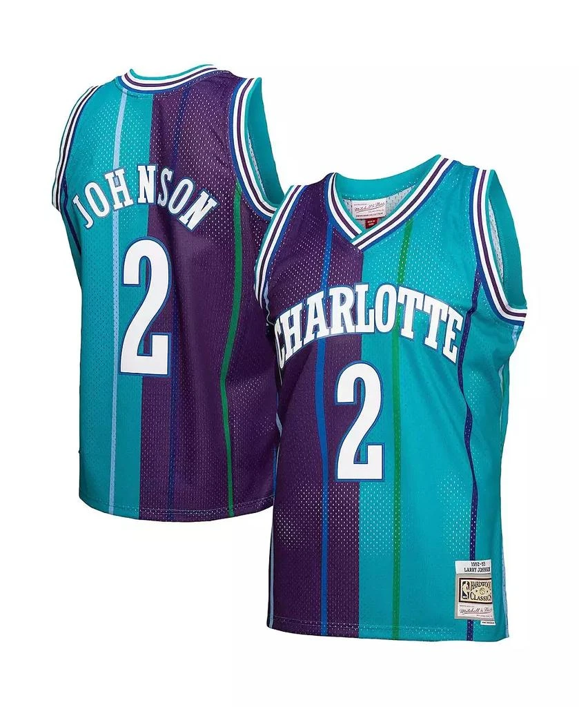 Mitchell & Ness Men's Larry Johnson Teal, Purple Charlotte Hornets Hardwood Classics 1992-93 Split Swingman Jersey 1