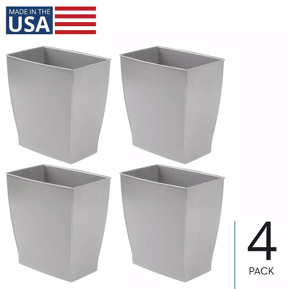 mDesign iDesign Rectangular Trash Can, 2.5 Gallon / 9.5 Liter, 4-Pack, Gray, Made in USA
