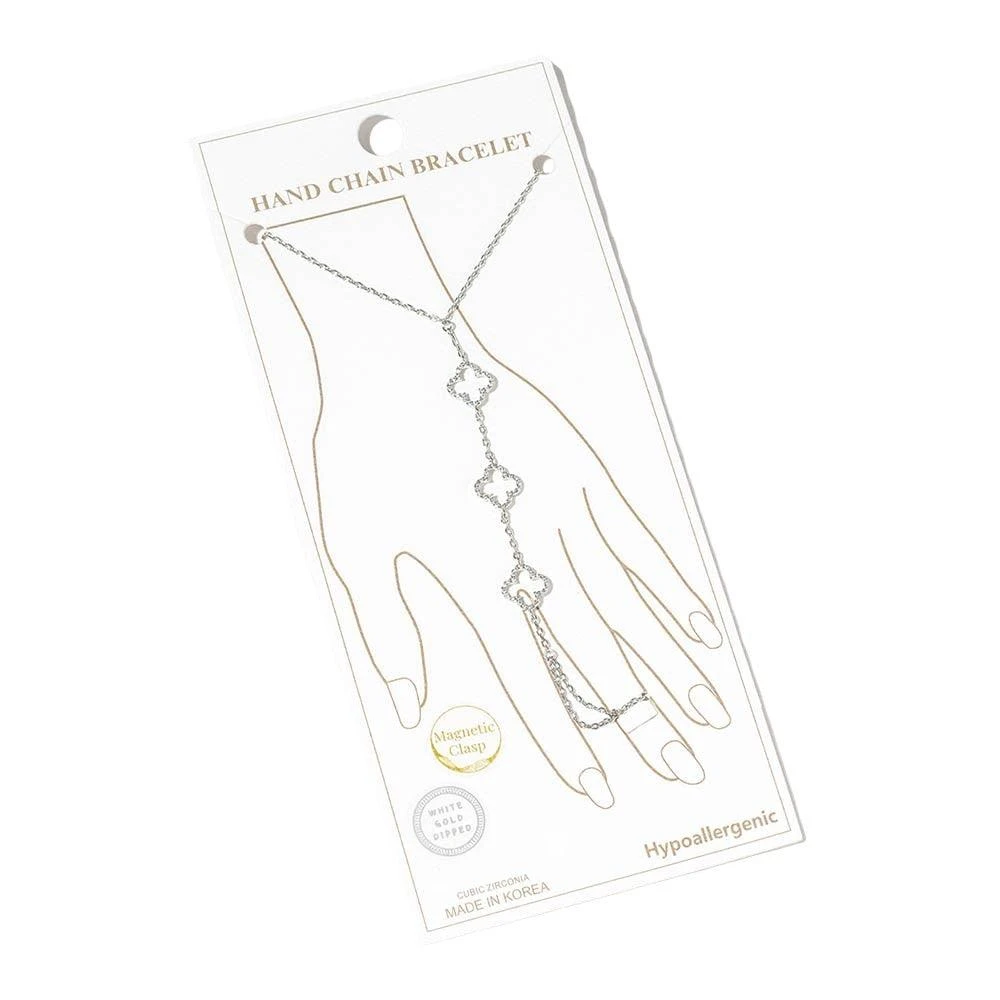 FASHNZFAB White Gold Dipped CZ Pave Open Quatrefoil Link Hand Chain Magnetic Bracelet 2