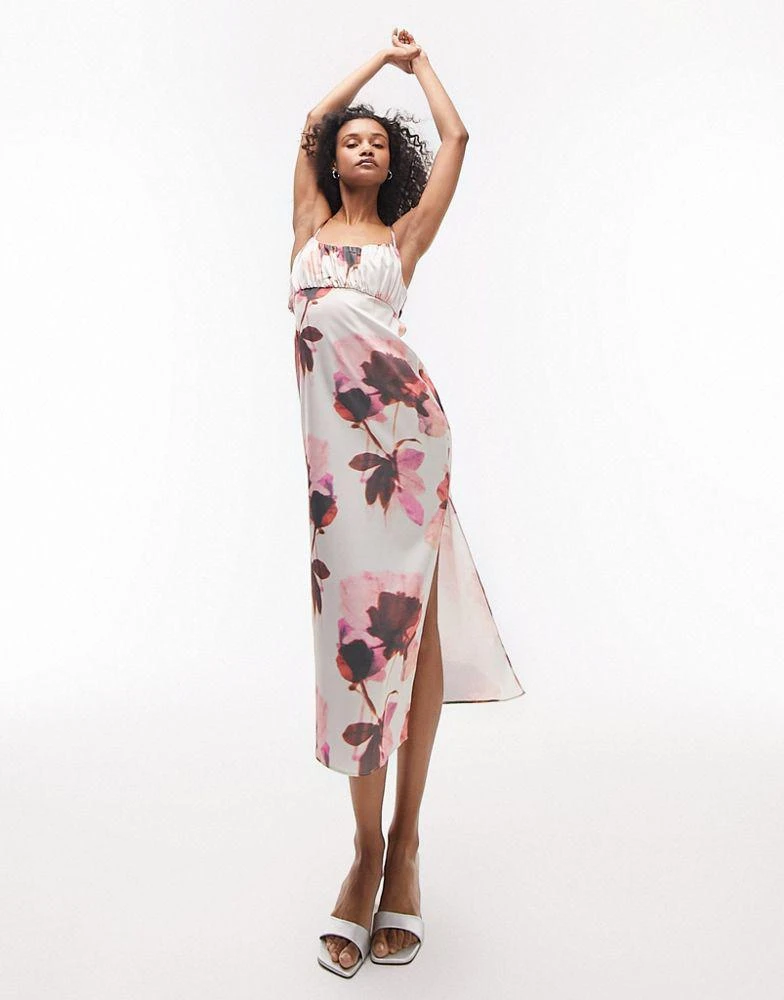 Topshop Topshop floral print satin cami midi dress in light pink 1