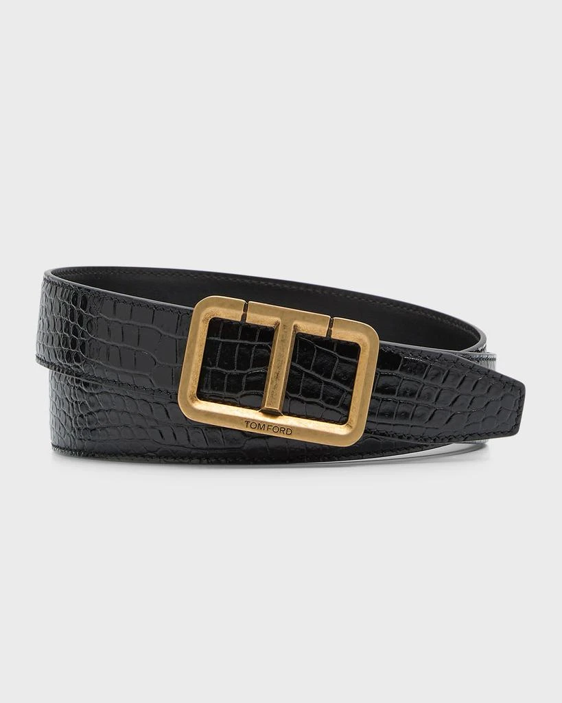 Tom Ford Men's Alligator-Print Leather T-Buckle Belt 1