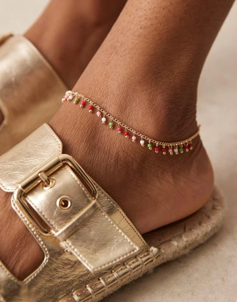 ASOS ASOS DESIGN anklet with multi micro beads in gold tone 1