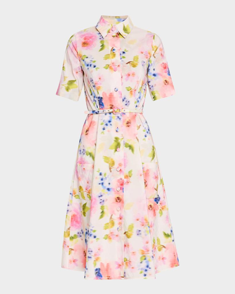 Pamella Roland Multi Floral Taffeta Short-Sleeve Shirtdress With Belt