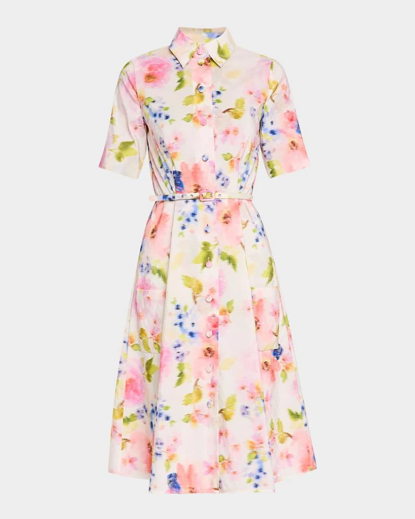 Pamella Roland Multi Floral Taffeta Short-Sleeve Shirtdress With Belt 1