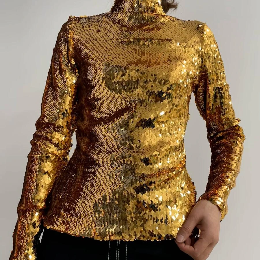 Burberry Ladies Gold Sequinned Turtleneck Top 1