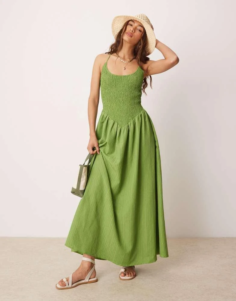 ASOS ASOS DESIGN scoop neck crinkle maxi dress with cross back in green 1