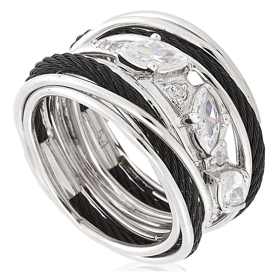 Charriol Tango White CZ Stones Steel Black PVD Cable Ring
