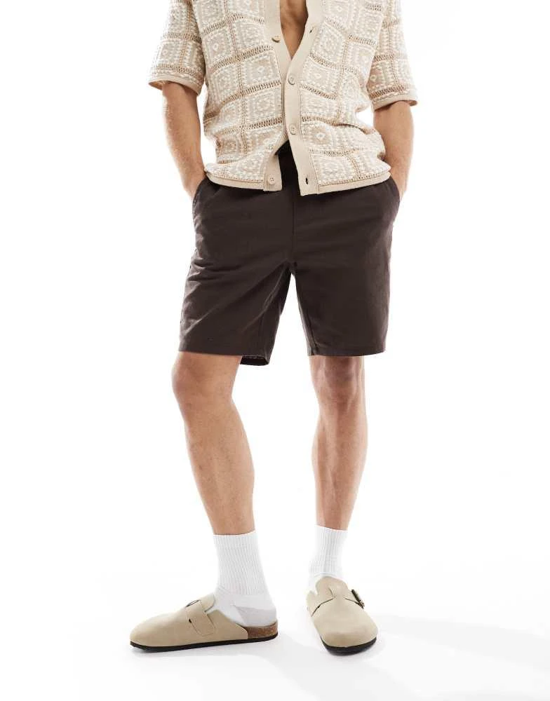 Only & Sons ONLY & SONS linen mix tie waist shorts in brown 5