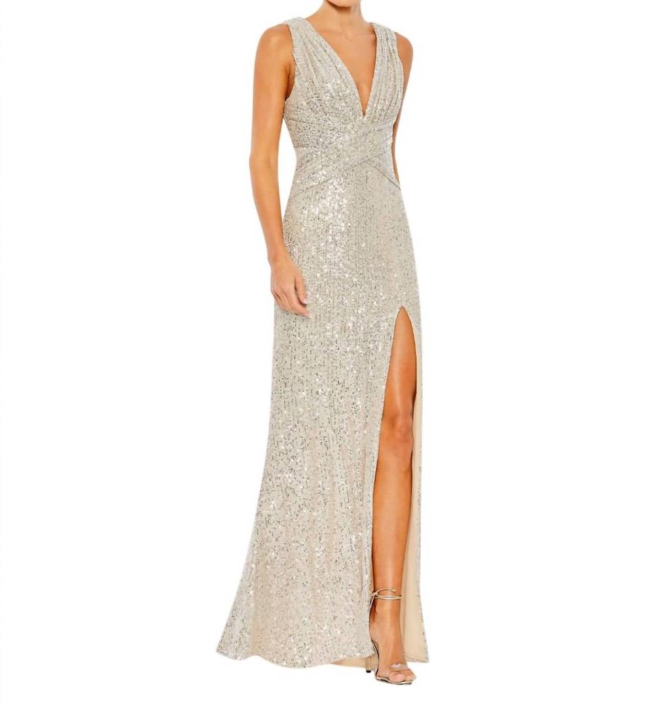 Ieena for Mac Duggal Sleeveless Plunging Sequin Gown In Nude/silver
