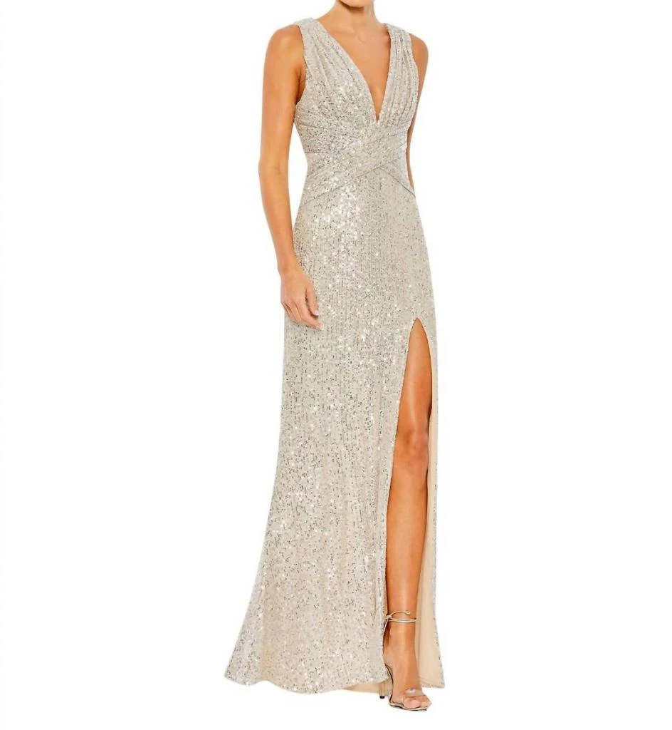 Ieena for Mac Duggal Sleeveless Plunging Sequin Gown In Nude/silver 1