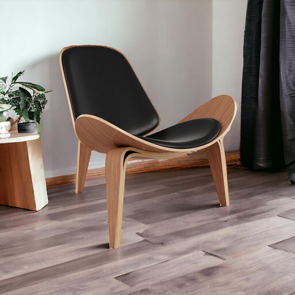 Homezia 36" Black And Wood Brown Genuine Leather Lounge Chair