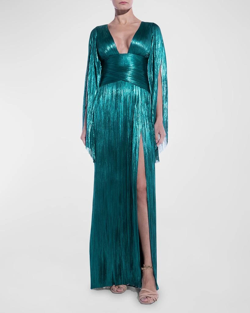 Alana Plunging Long-Sleeve Metallic Plisse Slit Gown  On Sale Now with Up  to 57% Off | Discover Exclusive Deals & Savings at BeyondStyle  Authentic  Maria Lucia Hohan dresses|gowns|women's clothing|Women|women with
