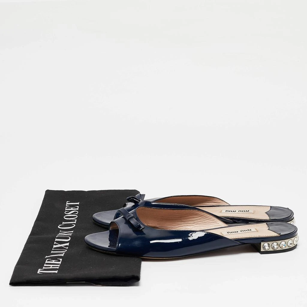 Miu Miu Miu Miu Blue Patent Leather Crystal Embellished Bow Flat Slides Size 38.5 9