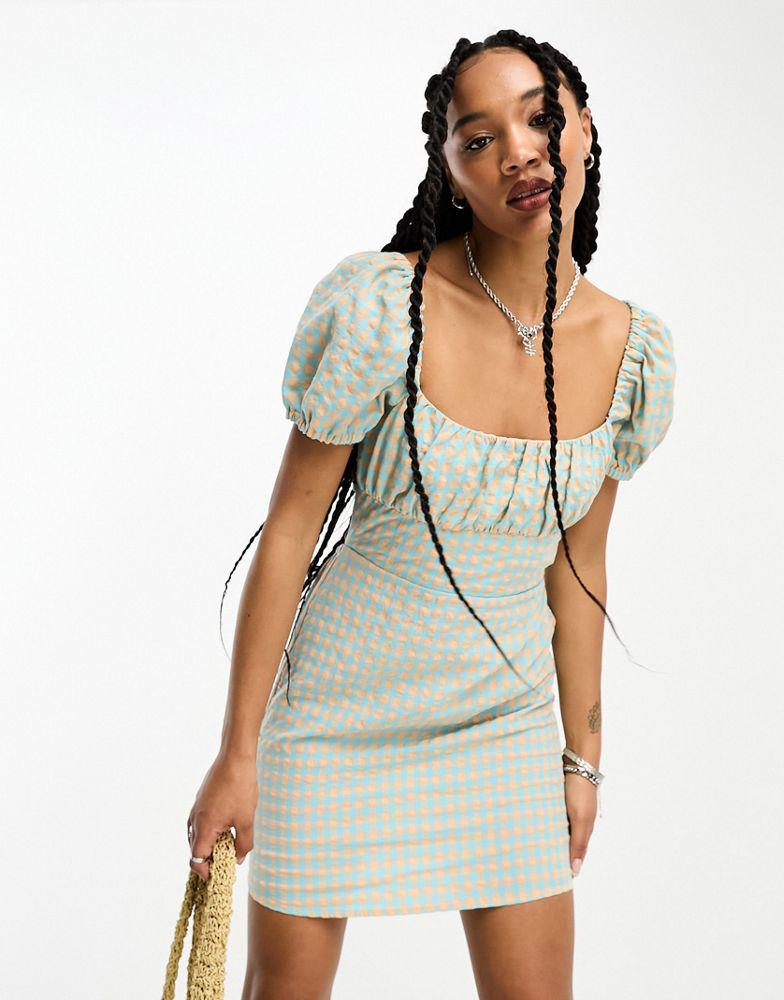 ONLY ONLY seersucker open back milkmaid mini dress in blue and cream gingham