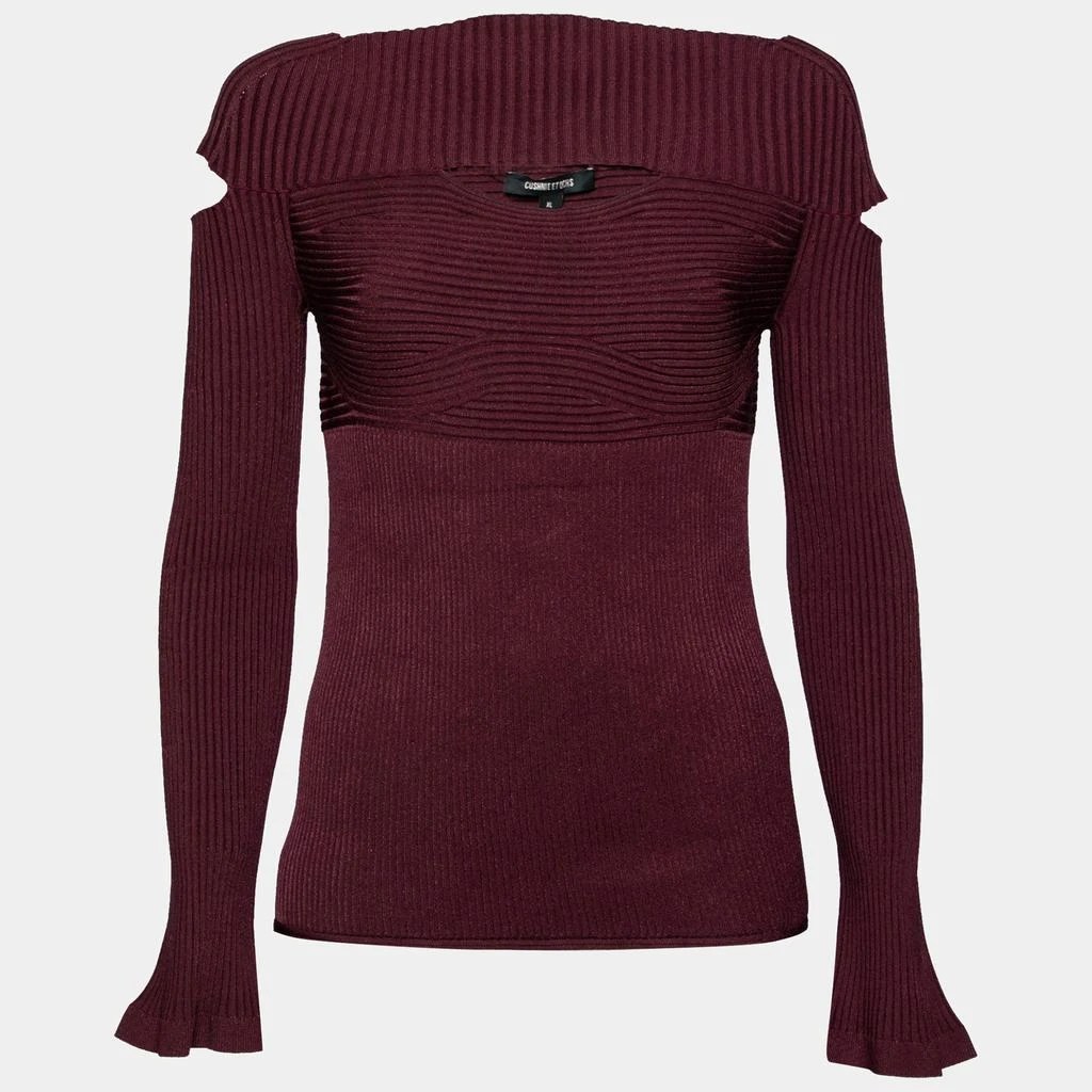 CUSHNIE Cushnie et Ochs Burgundy Rib Knit Cut-Out Detail Sweater XL 1