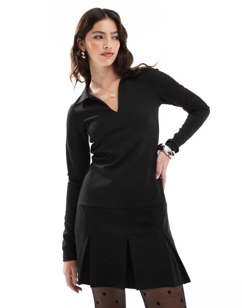 ASOS ASOS DESIGN long sleeve v neck collared mini dress with pleated skirt in black 2