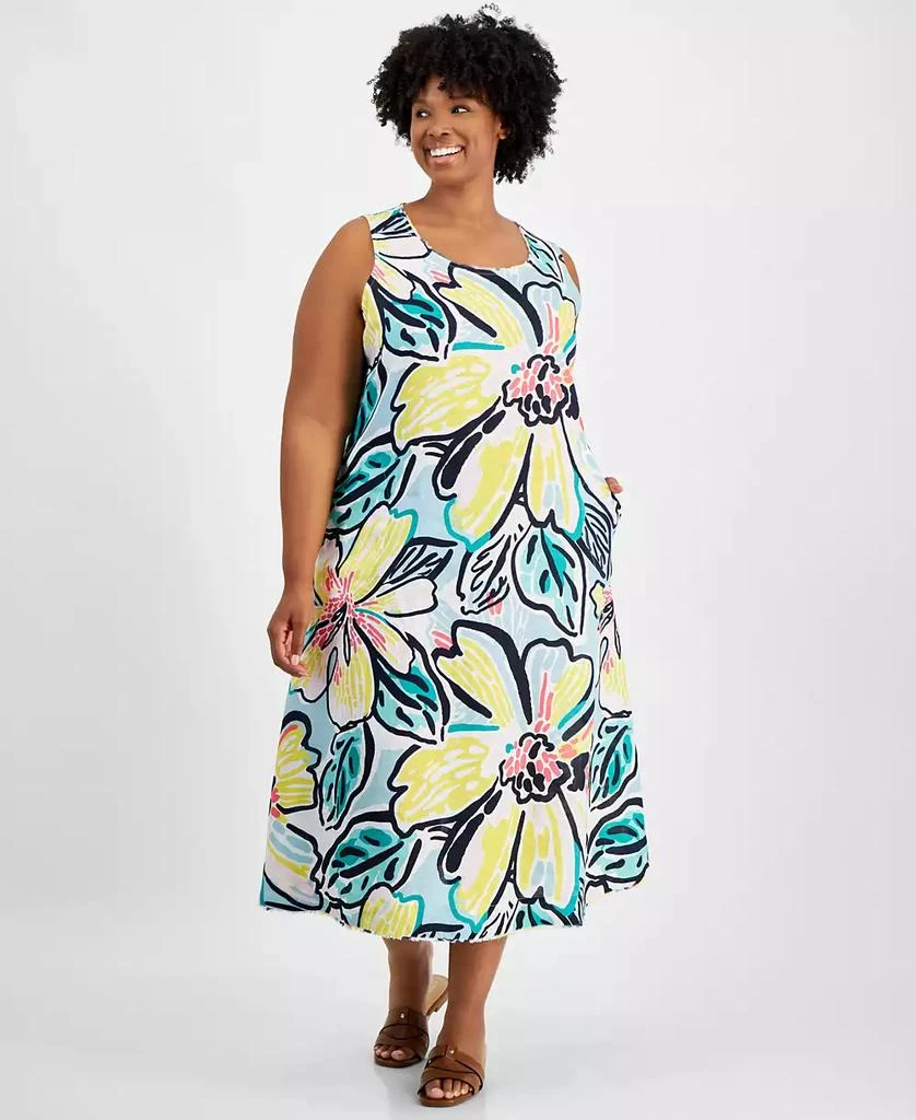 Charter Club Plus Size 100% Linen Floral-Print Tank Dress, Created for Macy's 1
