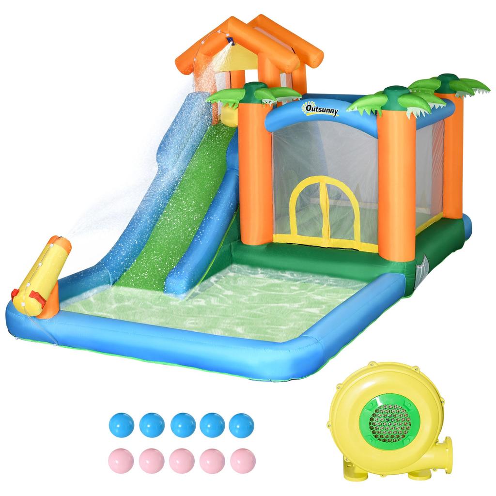 Streamdale Furniture Streamdale 6-in-1 Tropical Inflatable Water Slide Summer Theme Jumping Castle Includes Floating Ball Slide Trampoline Pool Cannon Climbing Wall with Carry Bag