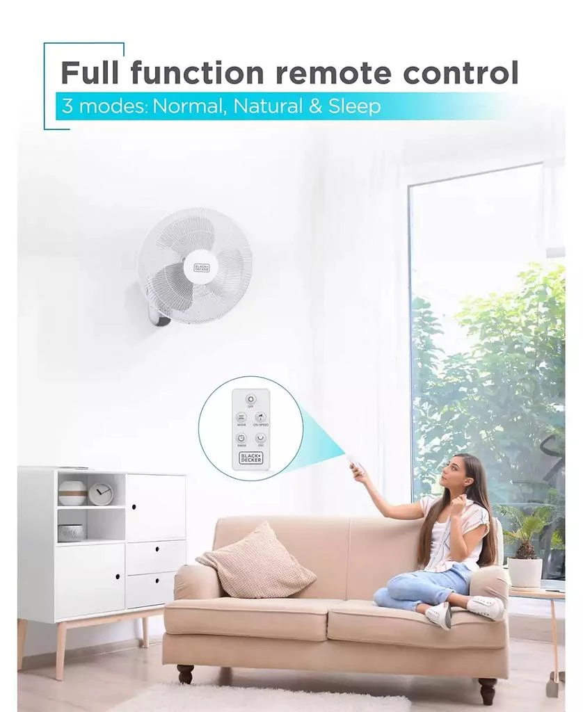 Black & Decker BLACK+DECKER 16" Wall Fan with Remote Control, Oscillating Fan with 3 Speed Settings and Shut Off Fan Timer, Wall Mount Fan with Adjustable Tilt Angle, White 6
