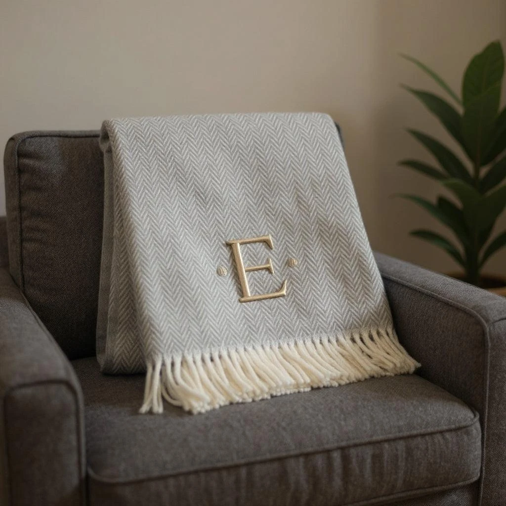 Hivvago 55" X 70" Gray And White Herringbone Cotton Blend E Initial Throw Blanket with Tassels And Embroidery 2