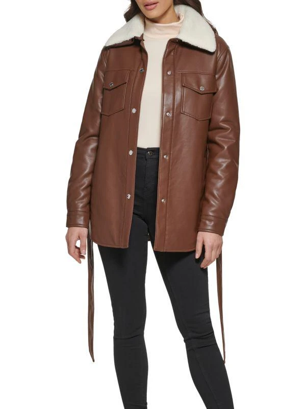 Kenneth Cole Faux Leather & Faux Shearling Belted Shirt Jacket 1