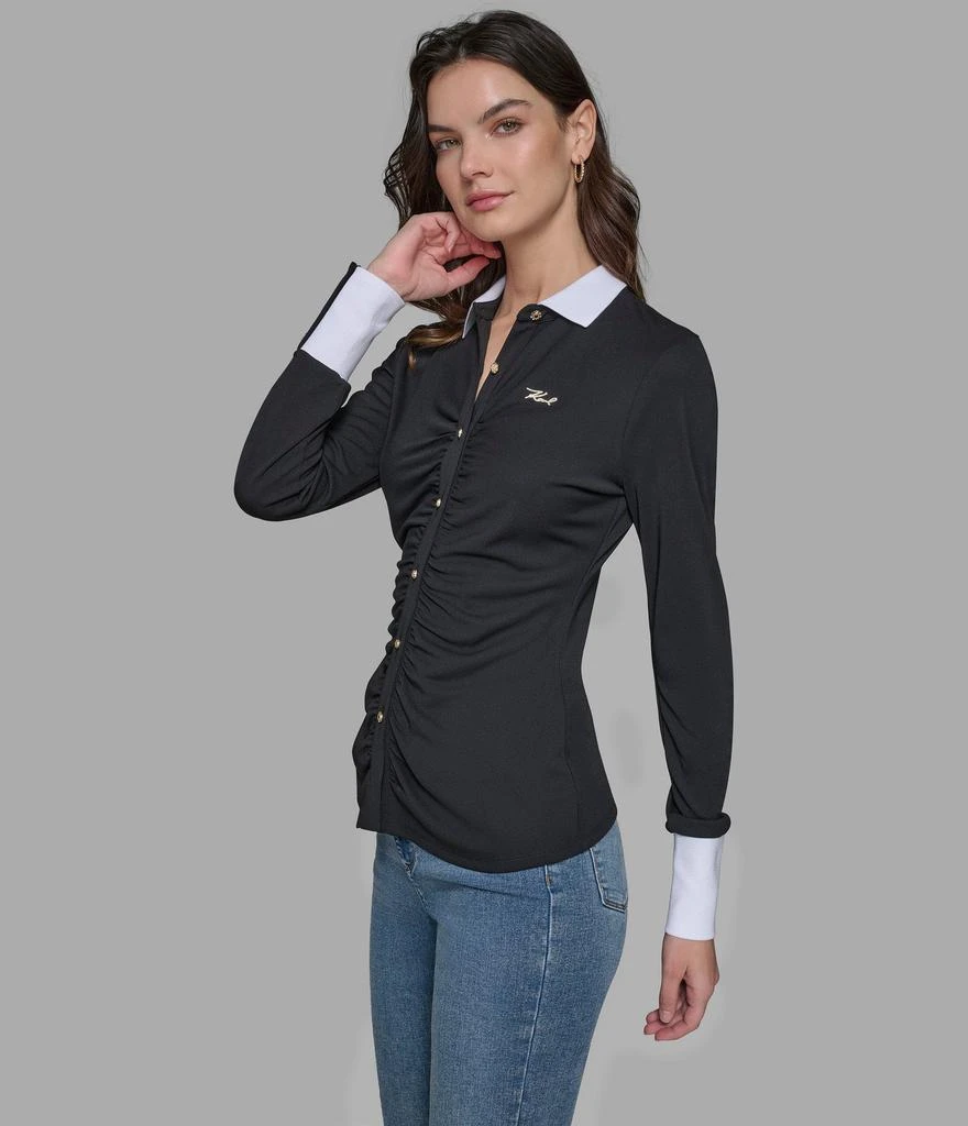 Karl Lagerfeld Paris LONG SLEEVE RUCHED KNIT BUTTON DOWN 3