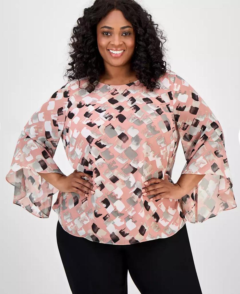 Kasper Plus Size Printed Bell-Sleeve Blouse