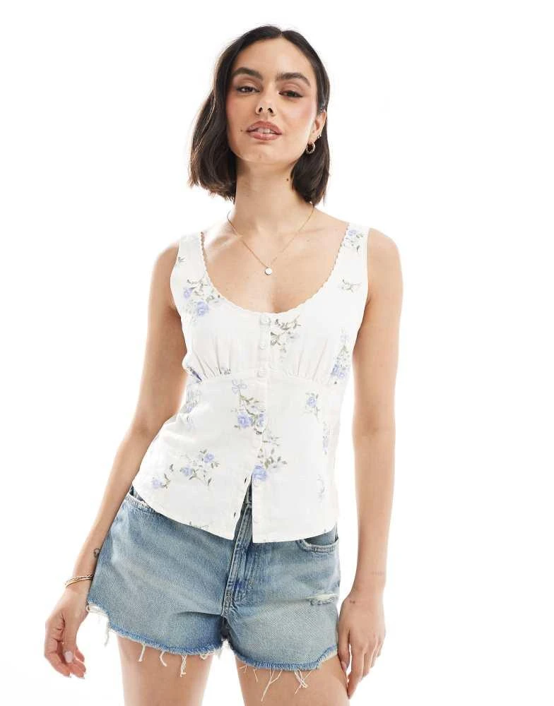 HOLLISTER Hollister low neckline linen button through vest in blue floral 1