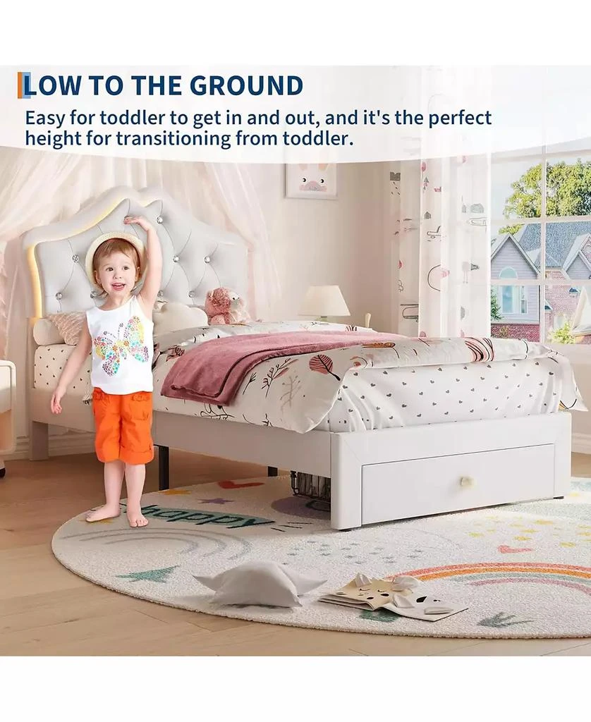 gaomon Twin Velvet Upholstered Platform Bed with LED Lights, Crystal Button Headboard, Storage Drawer, Noise-Free, No Box Spring Needed 6