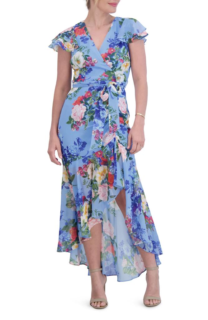 Eliza J Floral Double Flutter Sleeve High-Low Dress