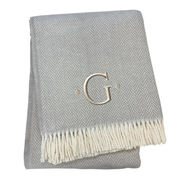 Hivvago 55" X 70" Gray And White Herringbone Cotton Blend G Initial Throw Blanket with Tassels And Embroidery 3
