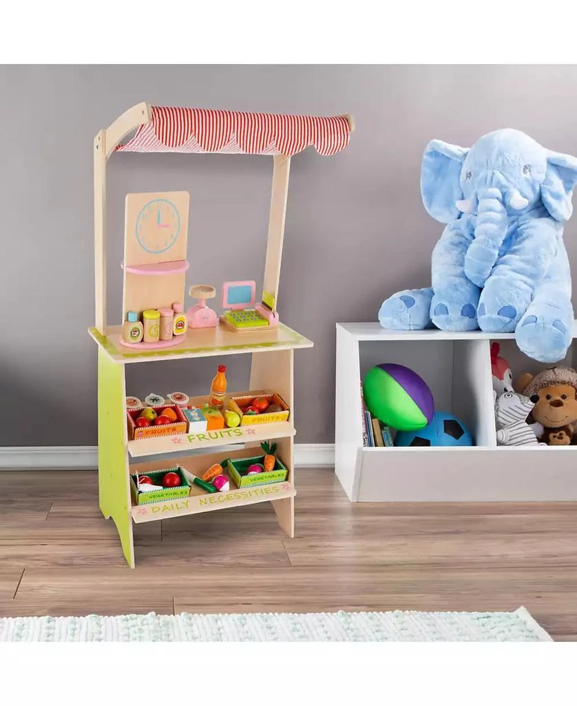 Trademark Global Hey Play Kids Fresh Market Selling Stand - Wooden Grocery Store Playset With Toy Cash Register, Scale, Pretend Credit Card And Food Accessories 7