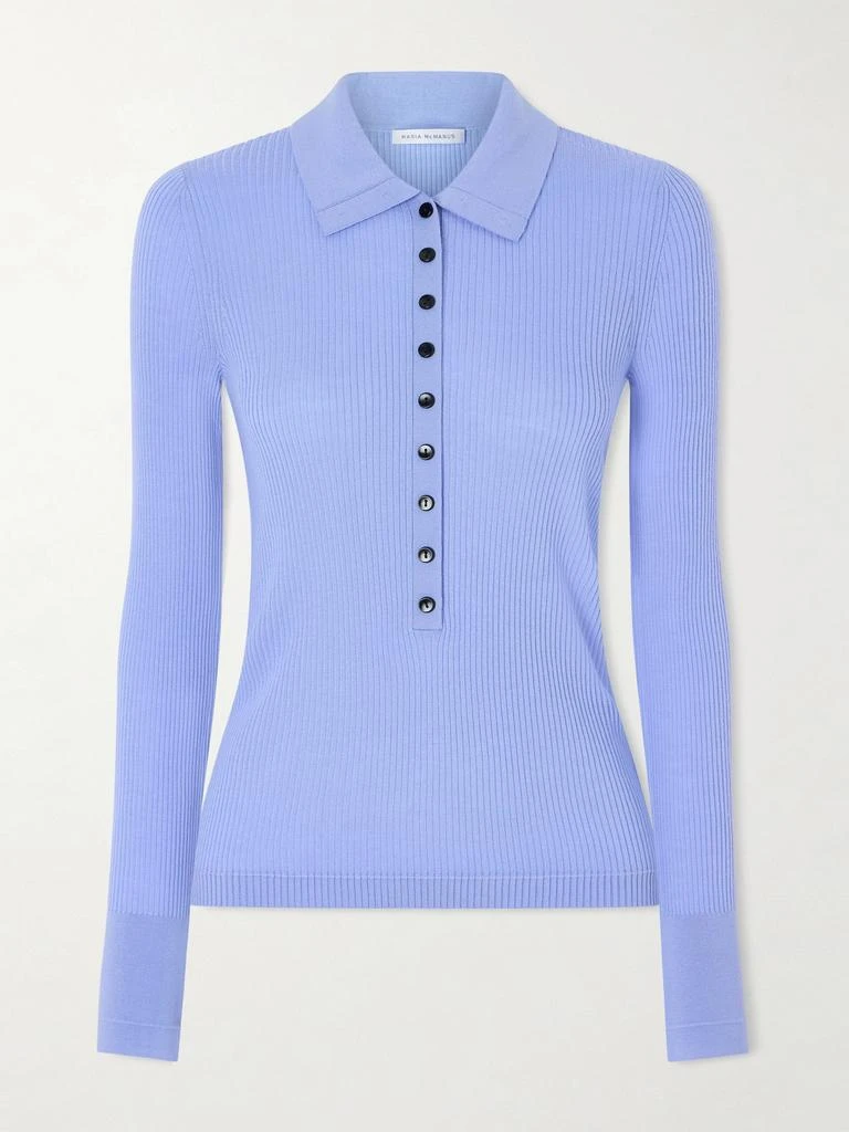 Maria McManus Ribbed Merino Wool Polo Sweater - Sky blue