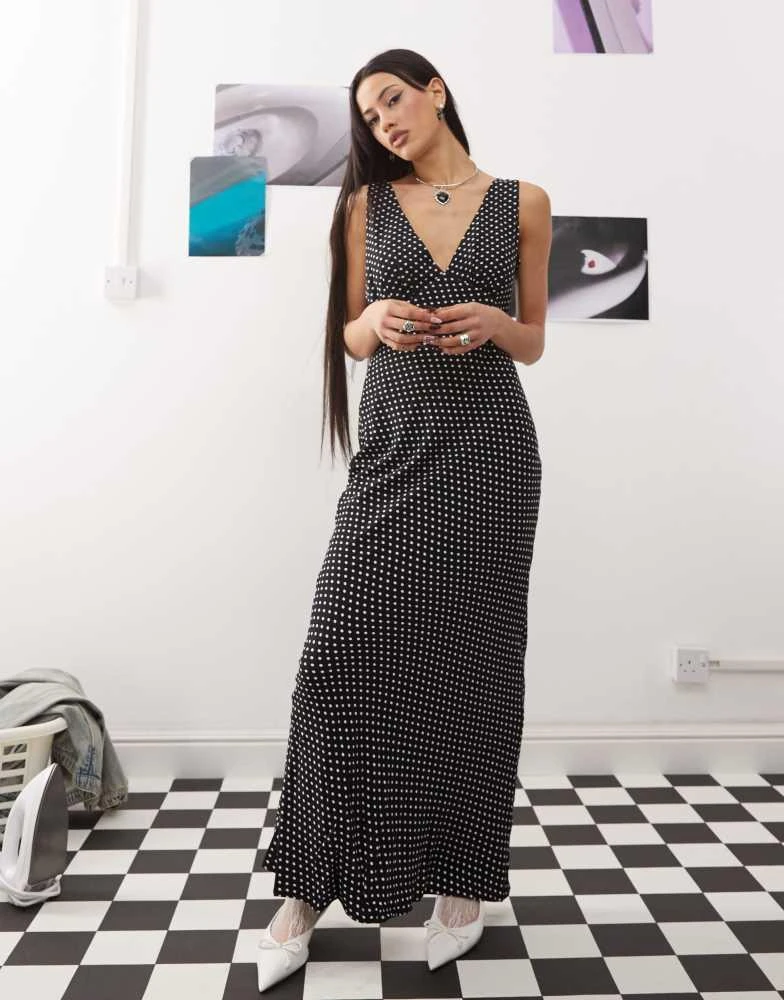 Princess Polly Princess Polly plunge v neck sleeveless tie back maxi dress in black polka dot 4