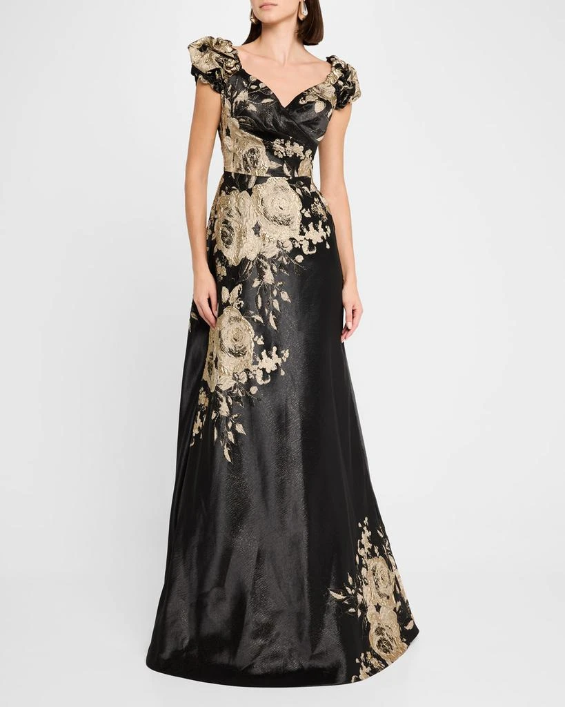 Teri Jon Cap-Sleeve Floral Metallic Jacquard Gown 2