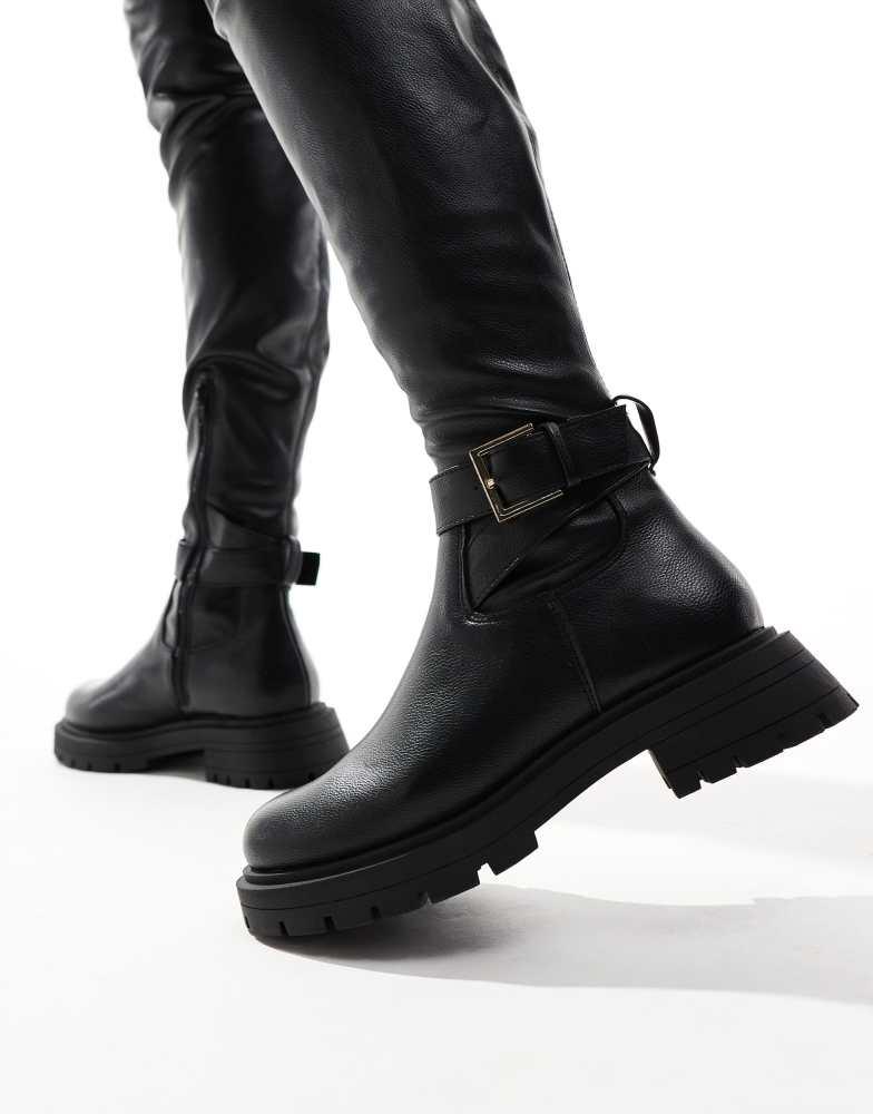 ASOS ASOS DESIGN Kirby buckle detail flat over the knee boots in black