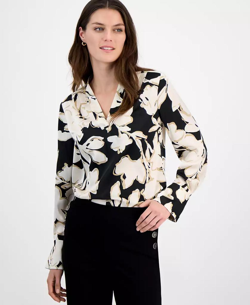 Anne Klein Petite Floral-Print Long-Sleeve V-Neck Blouse