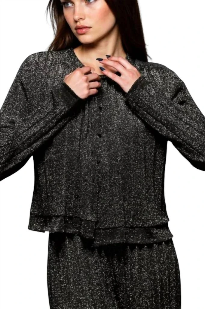 Minnie Rose Lurex Long Sleeve Pleated Cardigan In Black 2